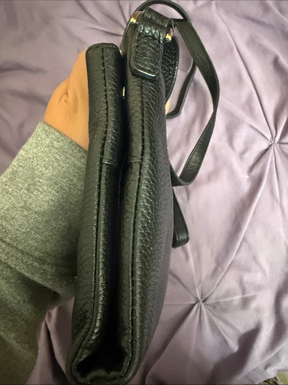 Michael Kors Black Pebbled Leather Crossbody with Gold MK Emblem.